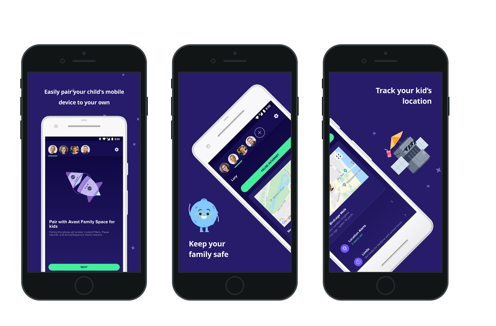 Family Space — parental control app, four-panel composition showing key research observations