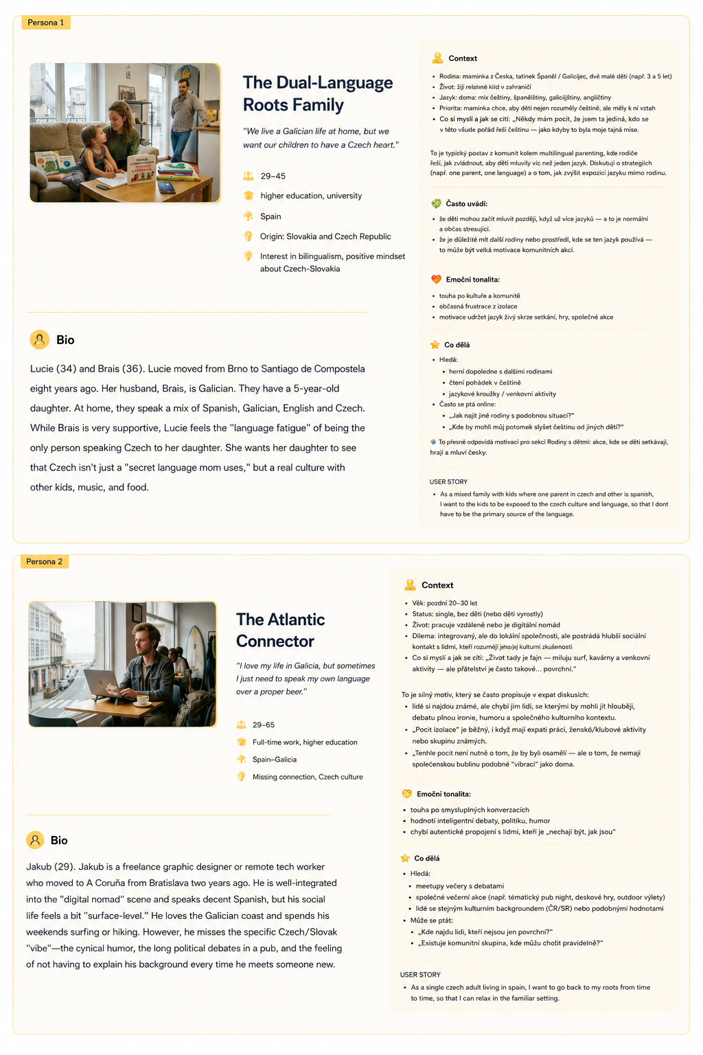 Two user research personas for the Checa de Galicia website: The Dual-Language Roots Family and The Atlantic Connector
